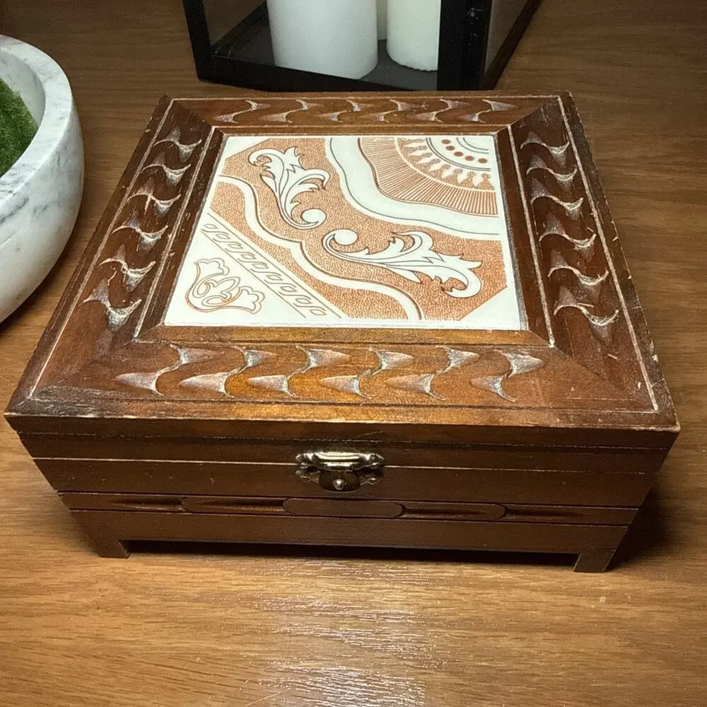 Vintage Carved Wood Tile Top Box Boho Jewelry Keepsake Rustic Decor 7x7x3.25